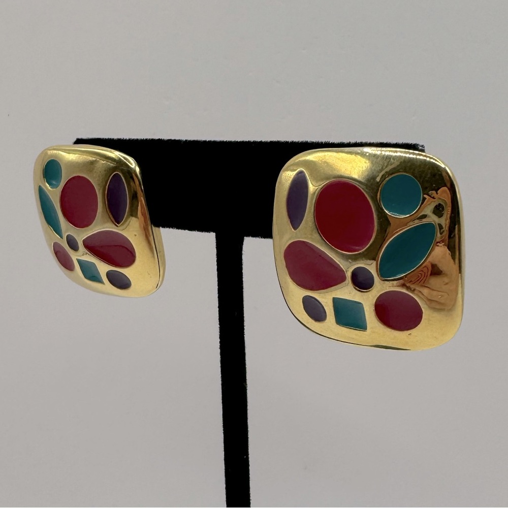VINTAGE Gold-Tone Enamel Shapes Earrings